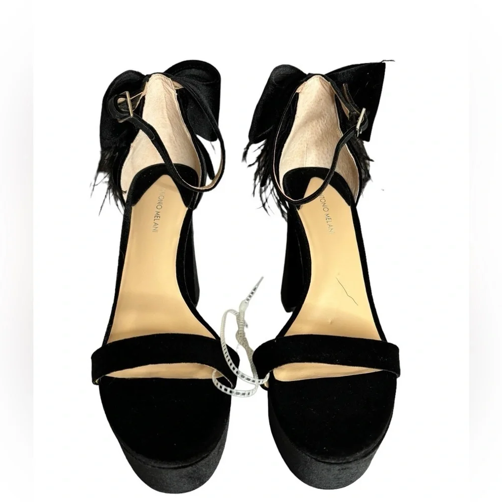 ANTONIO MELANI Black Platform Feather Ankle-Strap Sandals